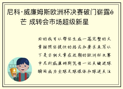 尼科·威廉姆斯欧洲杯决赛破门崭露锋芒 成转会市场超级新星